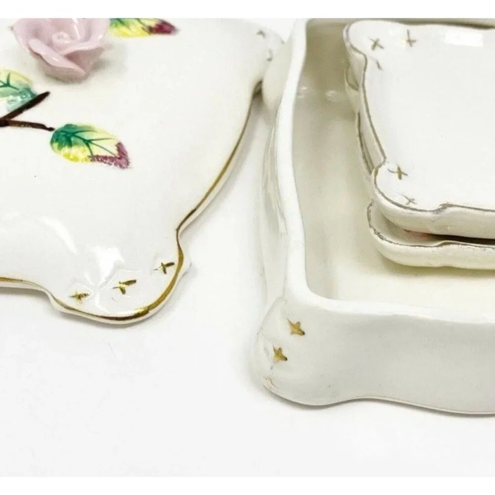 Vintage Japan Porcelain Trinket Jewelry Box w/ Rose Applied Flowers & Inserts